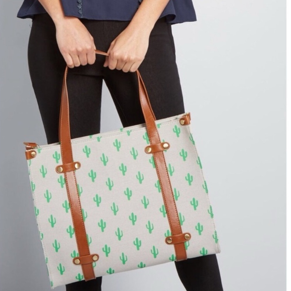 ModCloth Cactus Print Canvas Tote Bag Crossbody Faux Leather Straps Zip Top